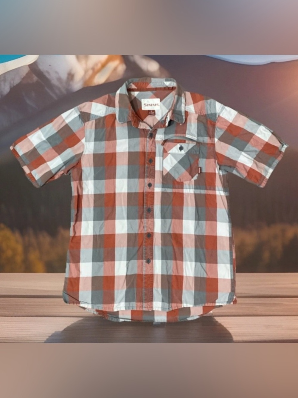 Simms Espirito Short Sleeve Orange Black Plaid Shirt Mens Medium